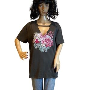 Torrid V-Neck Cutout Floral Graphic Tee Shirt T-Shirt Top Gray Size 1 | 1X  VGC